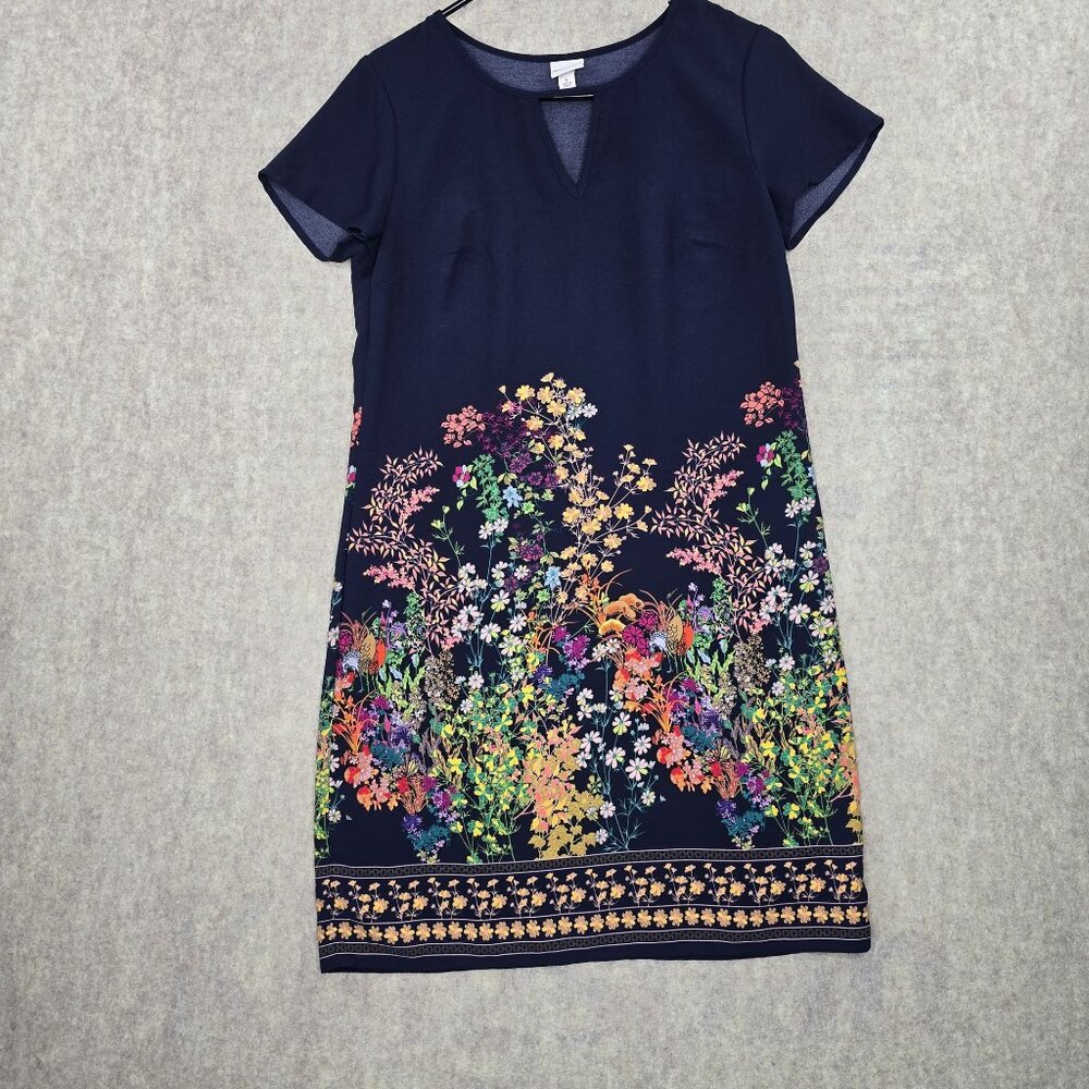 Womens Floral Knee-Length Shift Dress Navy Blue With Short Sleeves & Keyhole Nec